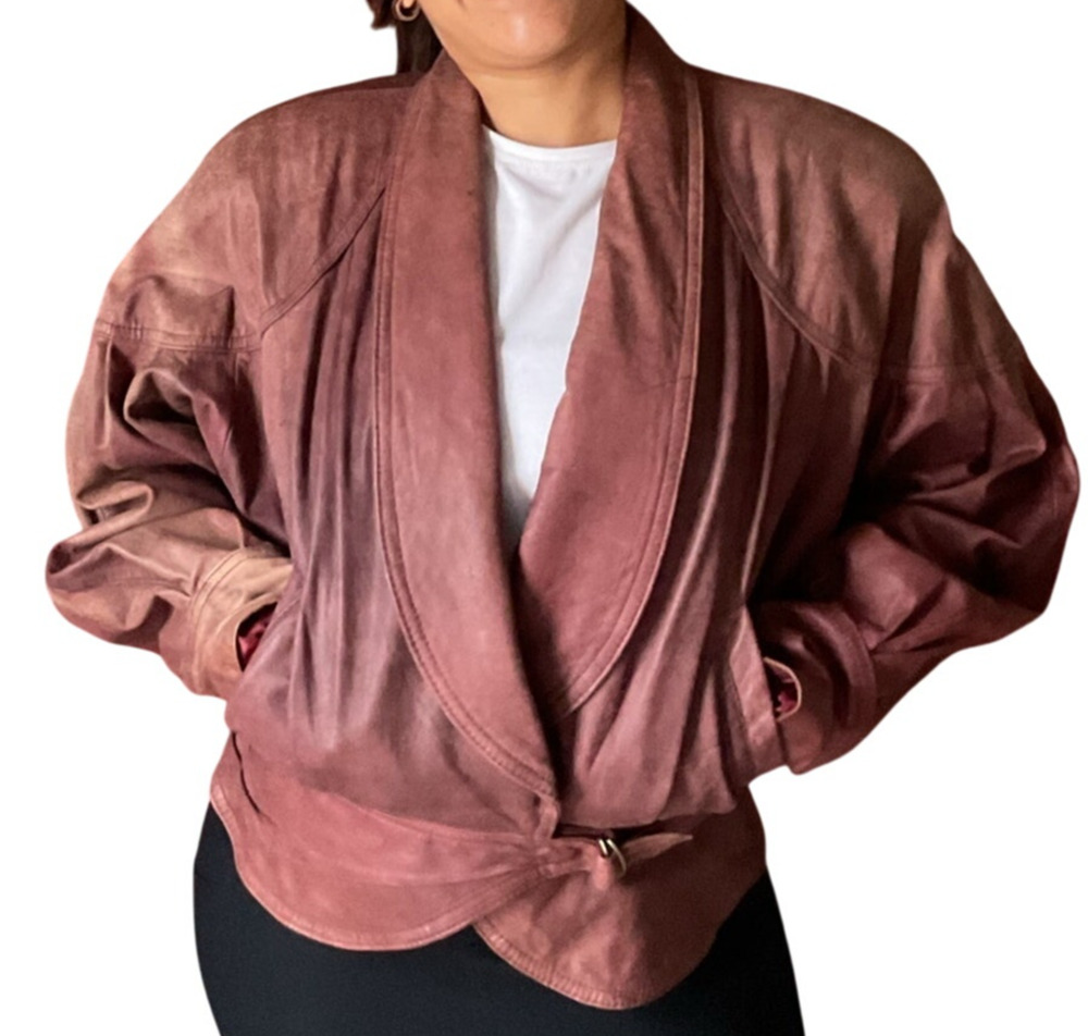 Vintage 80s Winlit Burgundy Leather Wrap Jacket Belted Power Shoulders M